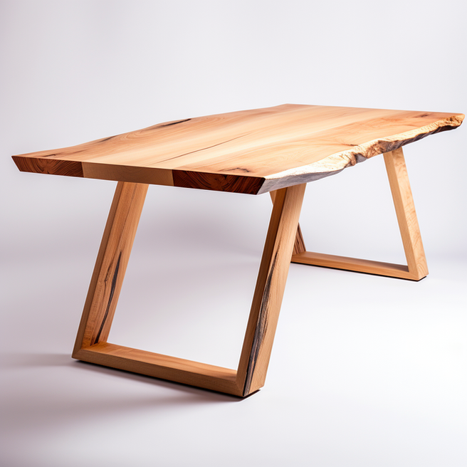 Un bureau en chêne artistiquement conçu avec un plateau en bois massif Live-Edge reposant sur un cadre en bois trapézoïdal créatif et inversé, et un excellent exemple d'art de mobilier moderne fait à la main par Bosco Boschivo.