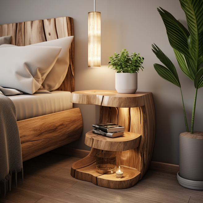 Een stijlvol gelaagd nachtkastje van natuurlijk generfd hout met drie afgeronde planken die qua vorm doen denken aan een watervalstructuur, voorzien van boeken, een kaars en een groene potplant, naast een elegant bed met een houten hoofdeinde en een hangende hanglamp, waardoor er werd een warme en ontspannende slaapkamersfeer gecreëerd. Ontwerp van Bosco Boschivo.




