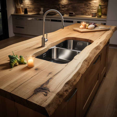 Abrichte Küchenarbeitsplatte aus Massivholz mit Baumkanten, rustikaler Landhausstil