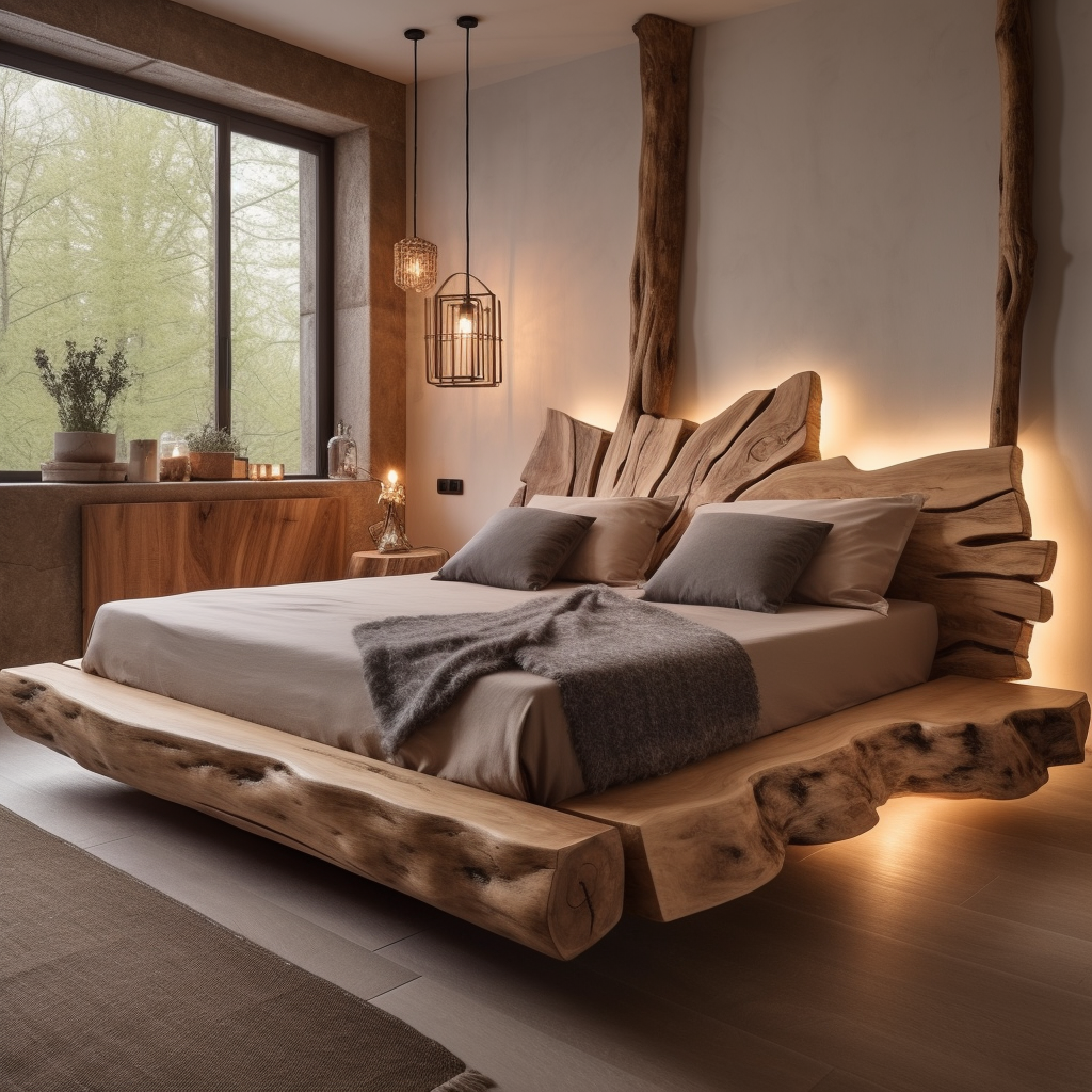 Ein minimalistisch gestaltetes Schlafzimmer mit einem rustikalen Holzbett, dessen Kopfteil und Rahmen aus massiven, natürlich geformten Holzstücken gefertigt sind, ergänzt durch neutrale Bettwäsche und ein Fenster mit Blick auf grüne Bäume. Entwurf Bosco Boschivo.