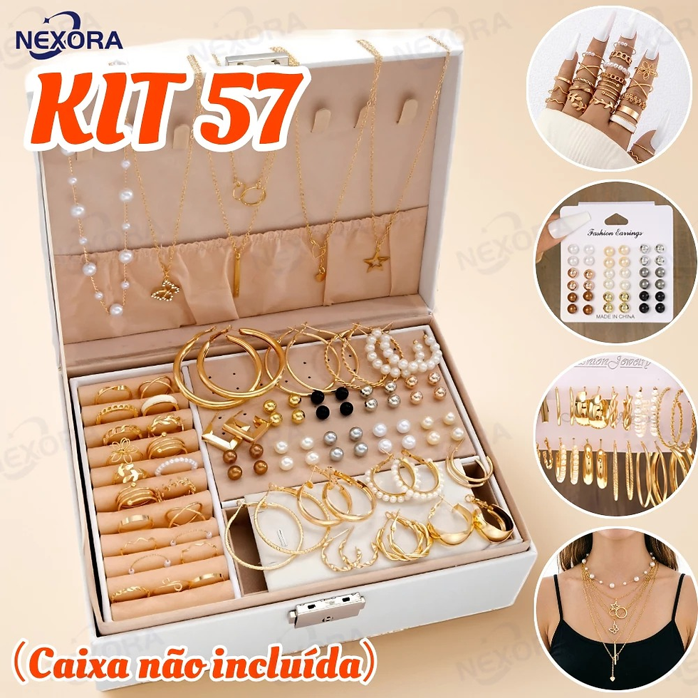 Imagem de divulgação do kit de 57 peças de joias femininas, fundo claro, cores douradas em destaque, formato retangular horizontal.