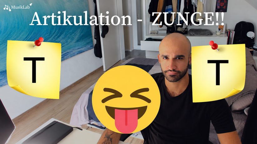 The teacher appears between two yellow notes marked T and a large tongue-out emoji; the heading links articulation with the tongue.