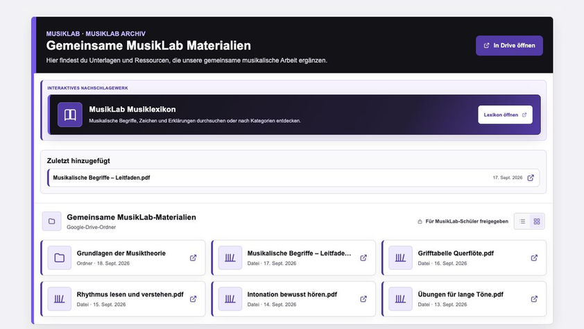 MusikLab Archiv mit Musiklexikon und gemeinsam geteilten Dokumenten zu Begriffen, Griffen, Rhythmus und Intonation.