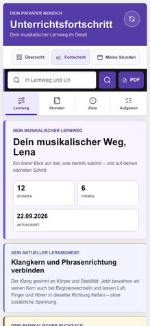 Mobile Fortschrittsansicht eines fiktiven Profils mit Navigation, musikalischem Weg und aktuellem Lernfokus.