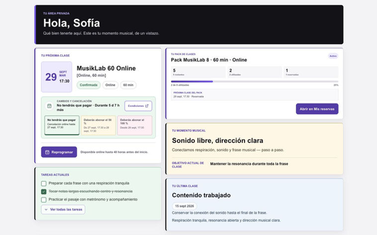 Resumen de un perfil ficticio con próxima clase online, pack, tareas, objetivo actual y última sesión.