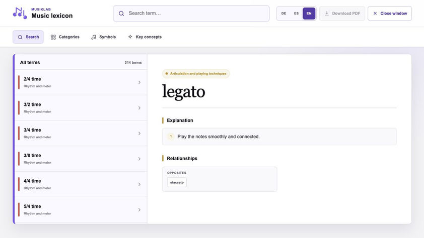 MusikLab Music Lexicon with search field, categories, symbol search and an open explanation of legato.