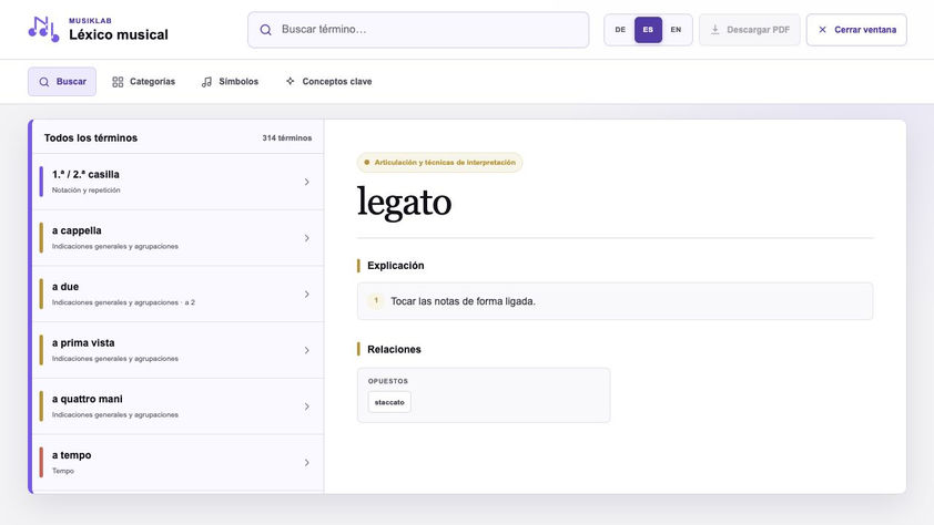 Léxico MusikLab con buscador, categorías, búsqueda de símbolos y explicación abierta del concepto legato.