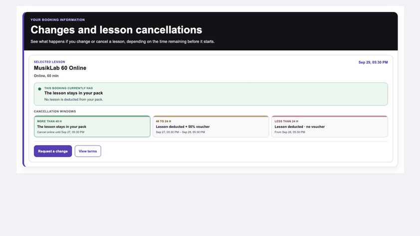 Booking management for a fictional profile with a confirmed online lesson, duration and conditions for rescheduling or cancellation.
