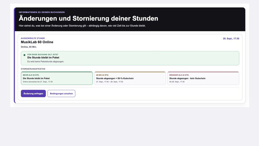 Terminverwaltung eines fiktiven Profils mit bestätigter Online-Stunde, Dauer sowie Umbuchungs- und Stornierungsbedingungen.