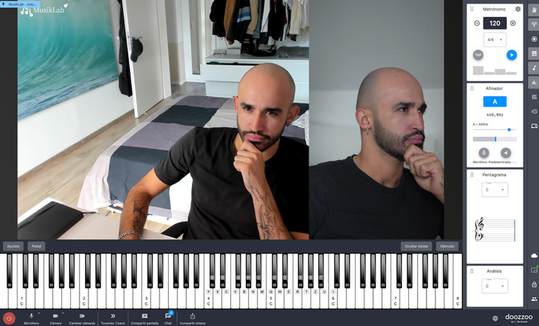 Online music lesson showing two simultaneous camera views of the teacher; a metronome, tuner and music staff appear at the side, with an on-screen piano keyboard below.