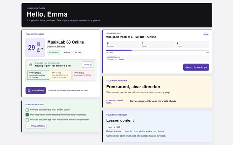 Overview of a fictional profile with next online lesson, lesson pack, assignments, current focus and latest session.
