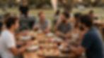 Friends enjoying mobile pizza catering at an outdoor event
