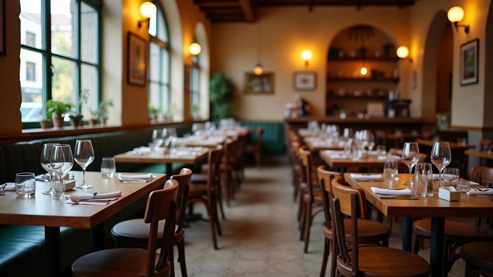 Eye-level view of a cozy Italian restaurant dining area with rustic wooden tables and soft lighting