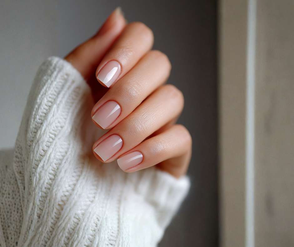 A woman's hand with professionally manicured glossy blush nails.
