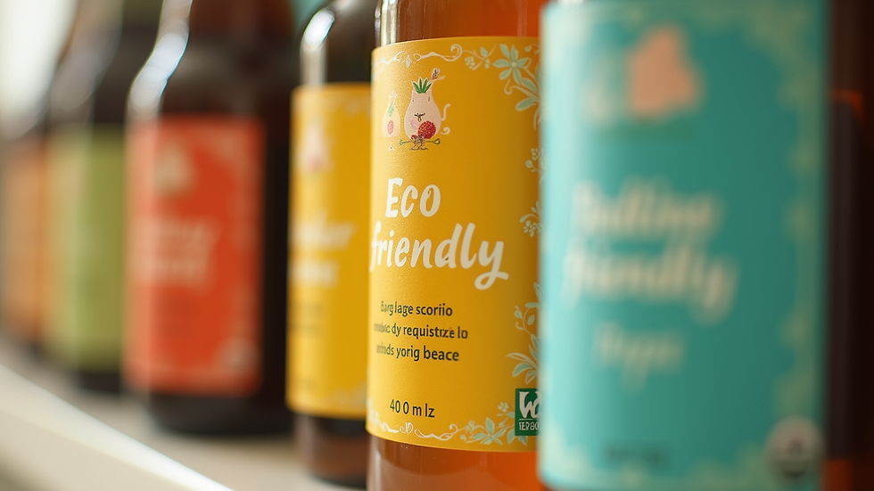 Close-up view of a vibrant product label with eco-friendly messaging