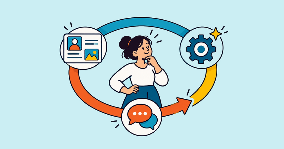 Ilustração de cliente no centro de uma jornada de CRM conectando personalização, automação e canais de relacionamento.