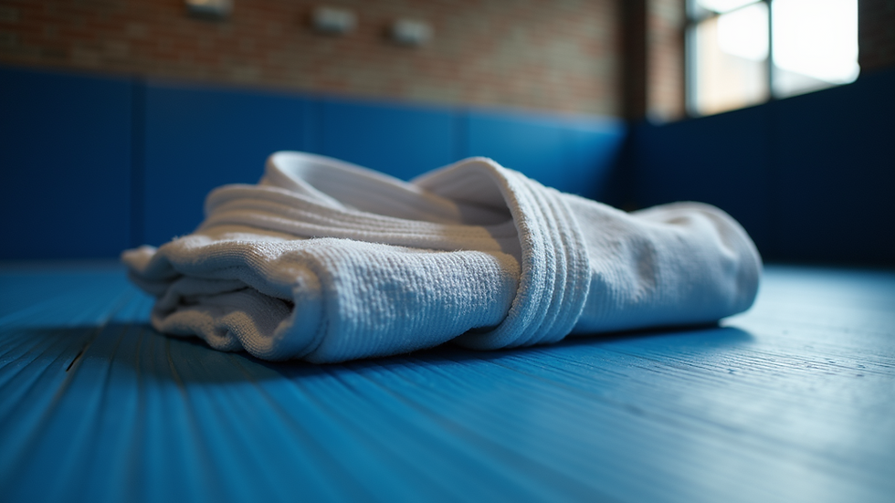 Eye-level view of a neatly folded BJJ gi on a training mat