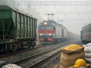Туманная железная дорога с грузовыми вагонами и электровозом, рядом мешки зерна и удобрений, спокойная приглушённая атмосфера.