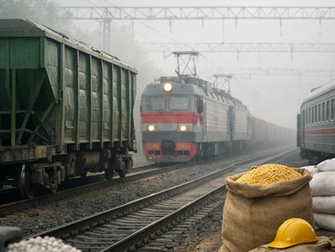 Туманная железная дорога с грузовыми вагонами и электровозом, рядом мешки зерна и удобрений, спокойная приглушённая атмосфера.