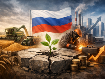 Росток, пробивающийся сквозь бетон, на фоне поля с техникой и промышленного цеха — контраст сельского хозяйства и индустрии в условиях экономического напряжения.