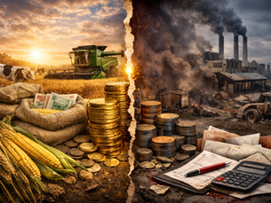 Контрастное изображение: с одной стороны — урожайное поле с комбайном, коровами и мешками зерна, с другой — заброшенная ферма, дымящиеся трубы и разбросанные счета, символизирующие финансовые проблемы агросектора.
