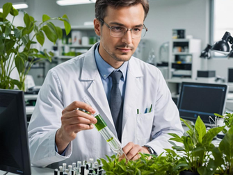 Мужчина в лабораторном халате с растением в руках.