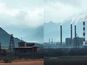 Изображение с двумя индустриальными сферами. Слева горнодобывающий, справа фабрика