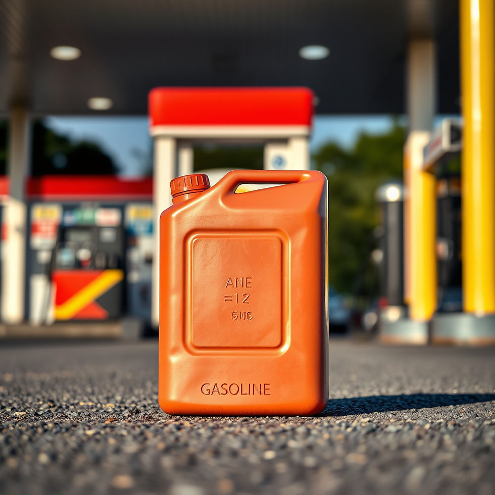 Канистра бензина стоит на асфальте на фоте автозаправки