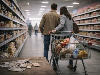 Пара с тележкой продуктов идёт по супермаркету, на переднем плане лежат деньги, создавая ощущение ограниченных расходов
