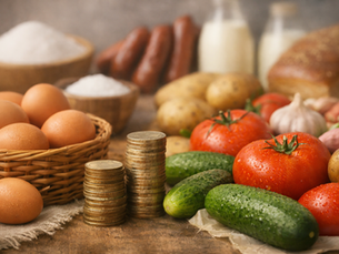 Яйца, помидоры и огурцы рядом со стопками монет на кухонном столе, символ роста цен на продукты.