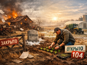 Фермер сажает рассаду на поле на фоне контраста: слева горящая и заброшенная ферма с разрушенной техникой, справа — теплицы и техника, символизирующие попытку начать заново.