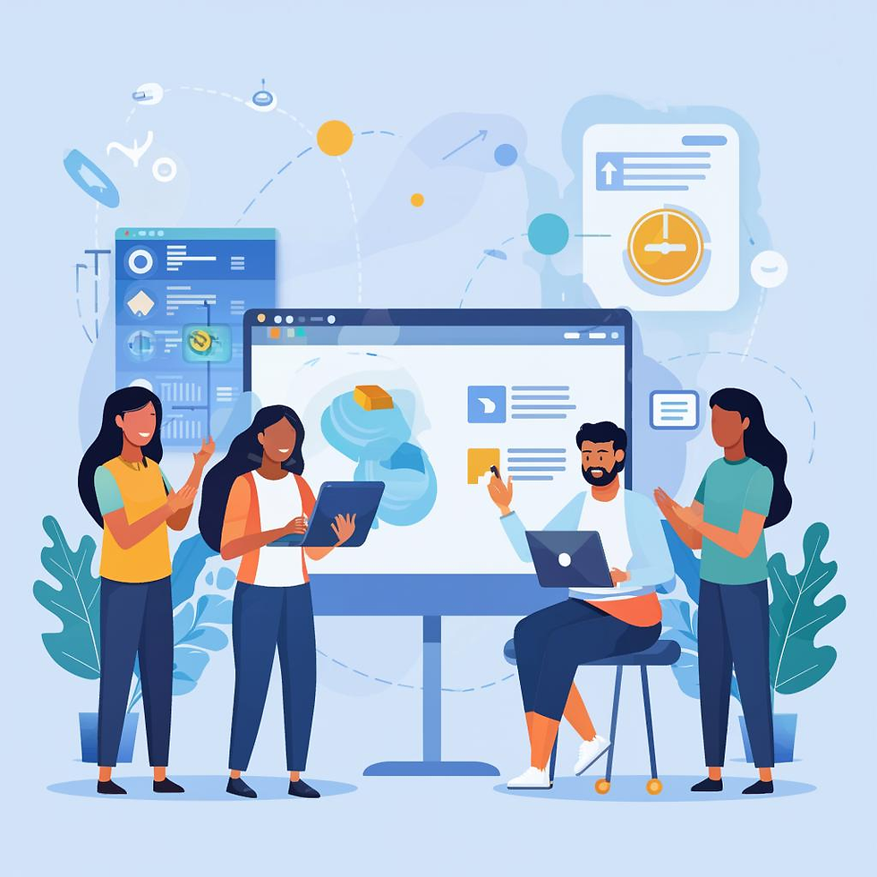 Люди работают на ноутбуке перед экраном, сосредоточенные на своих задачах.