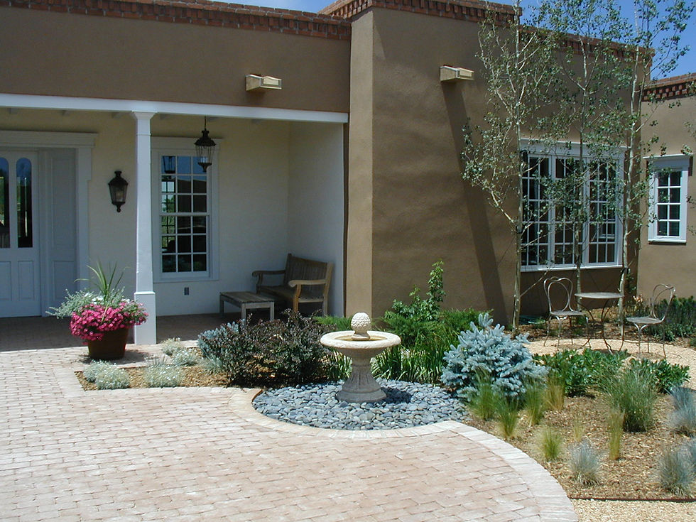 courtyard, brick work, pots, grasses