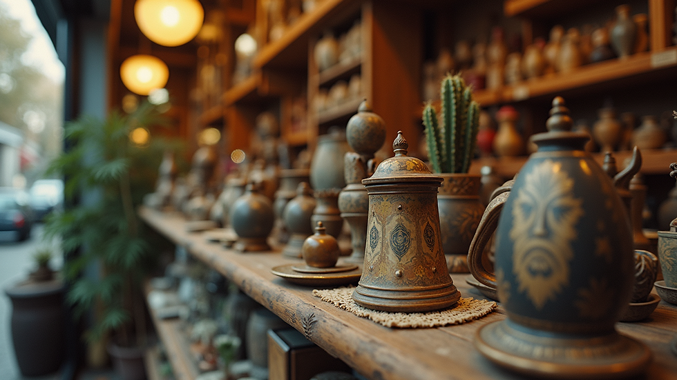 Eye-level view of vintage trinkets on display in a store
