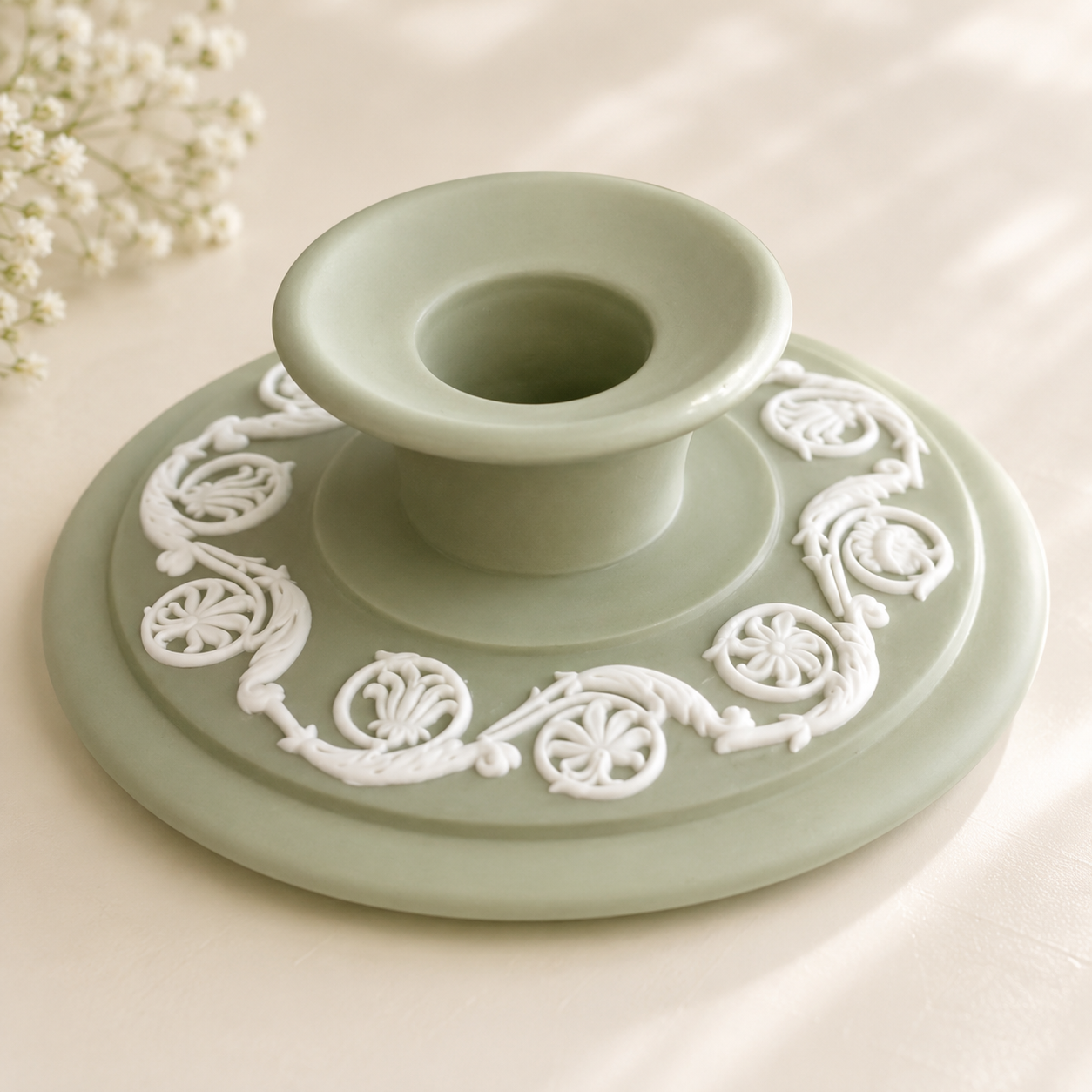 Vintage Wedgwood Sage Green Jasperware Candlestick | White Relief Candle Holder