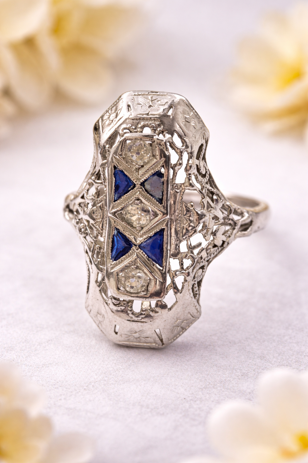 Vintage Art Deco White Gold Diamond Sapphire Filigree Ring