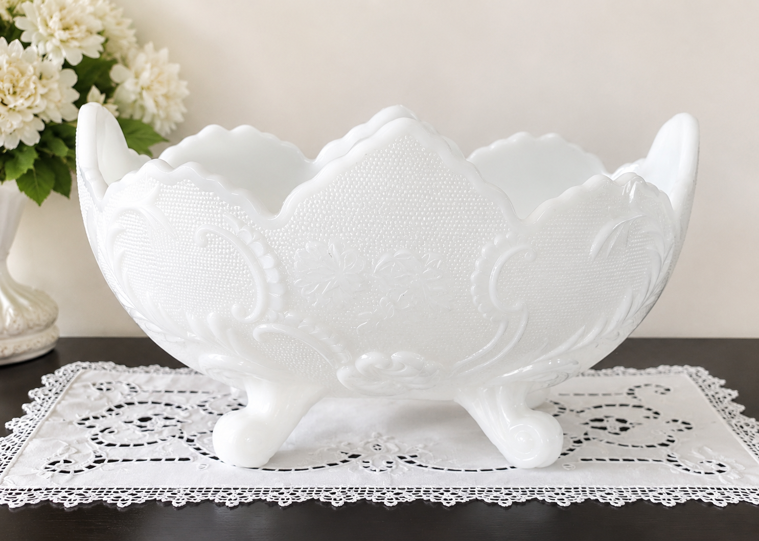 Vintage Indiana Oval Milk Glass Fruit Bowl or Centerpiece