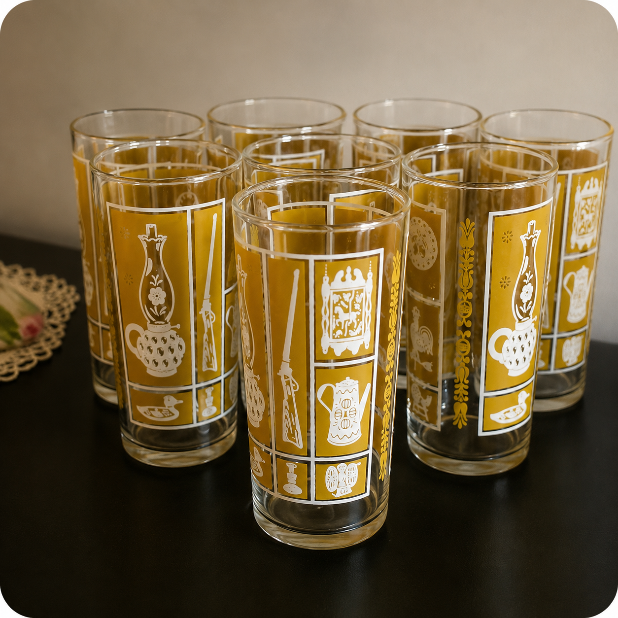 Vintage "Old Time" Gold and White Drinking Glasses