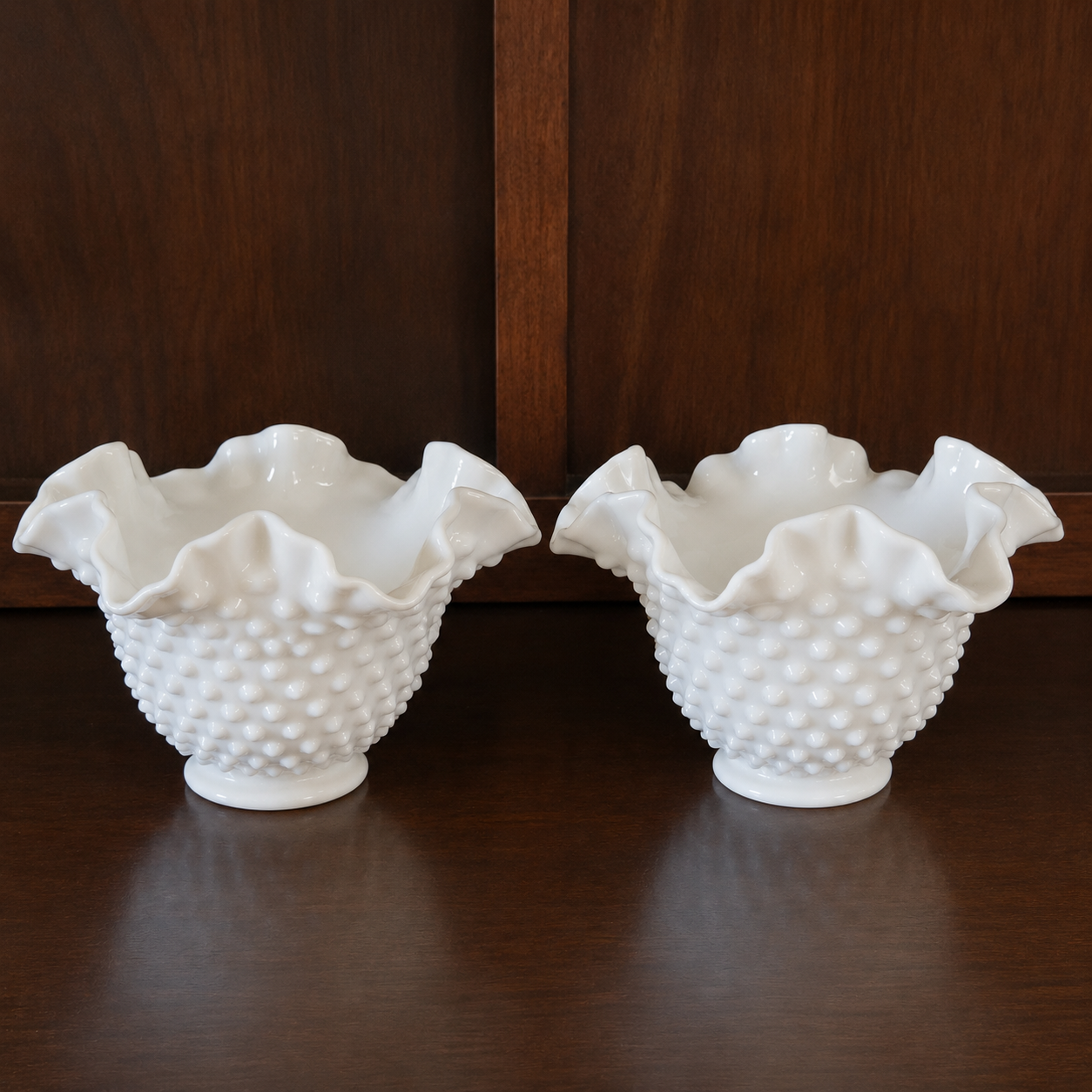 Vintage Fenton Round Crimped Milk Glass Hobnail Bowls-Set of 2