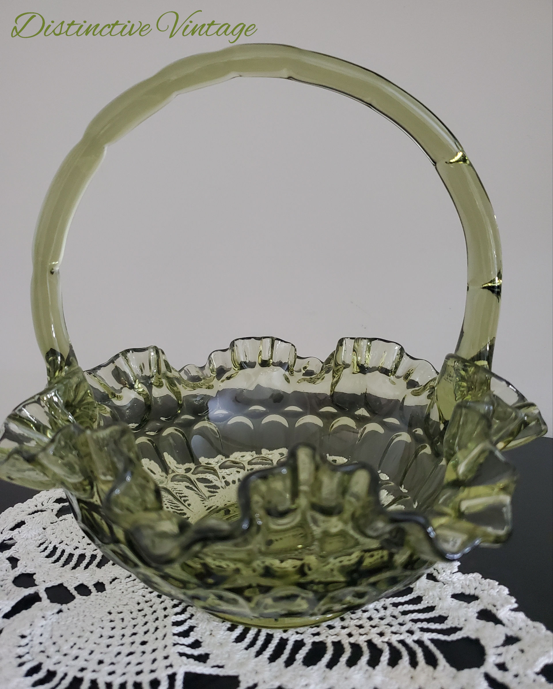 Vintage Fenton Colonial Green Thumbprint Glass Handled Basket