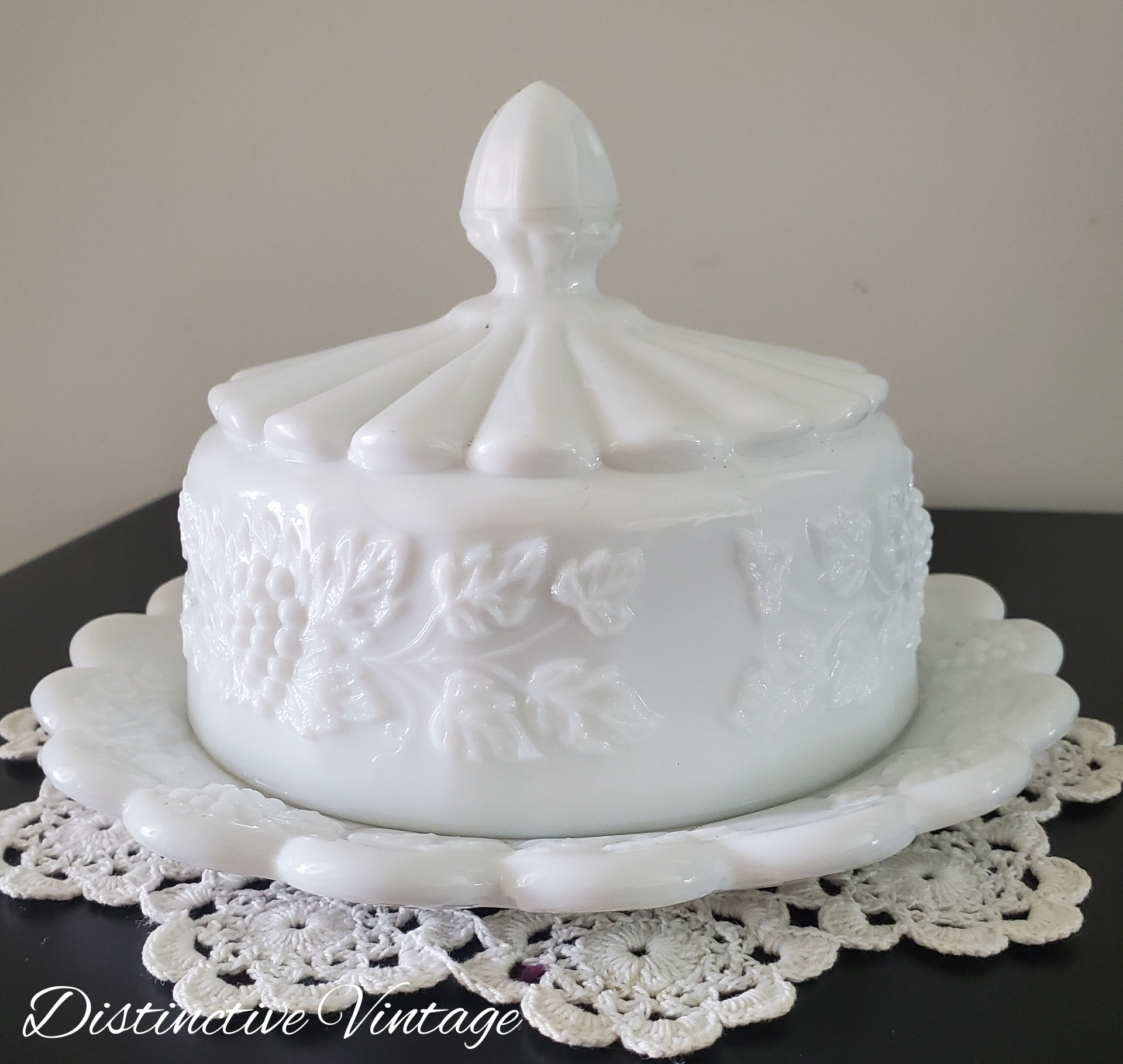 Vintage Westmoreland Milk Glass Grapes & Leaves Covered Butter/Cheese Dish