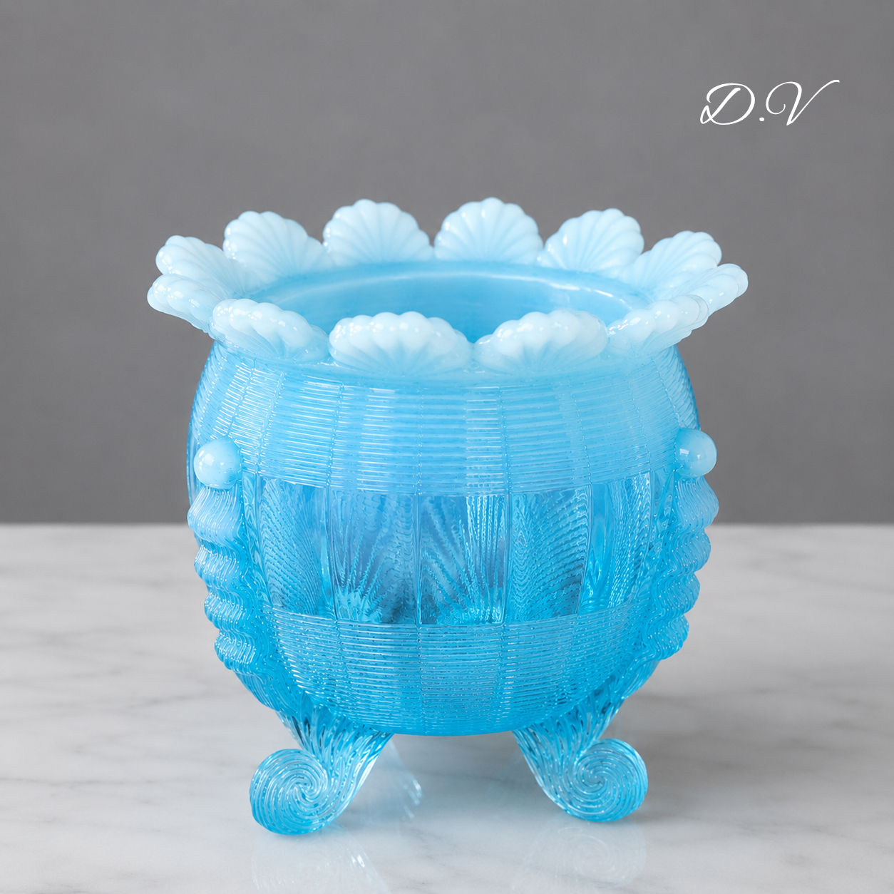 Antique Northwood Klondyke Fluted Scrolls Footed Bowl/Vase – Blue Opalescent