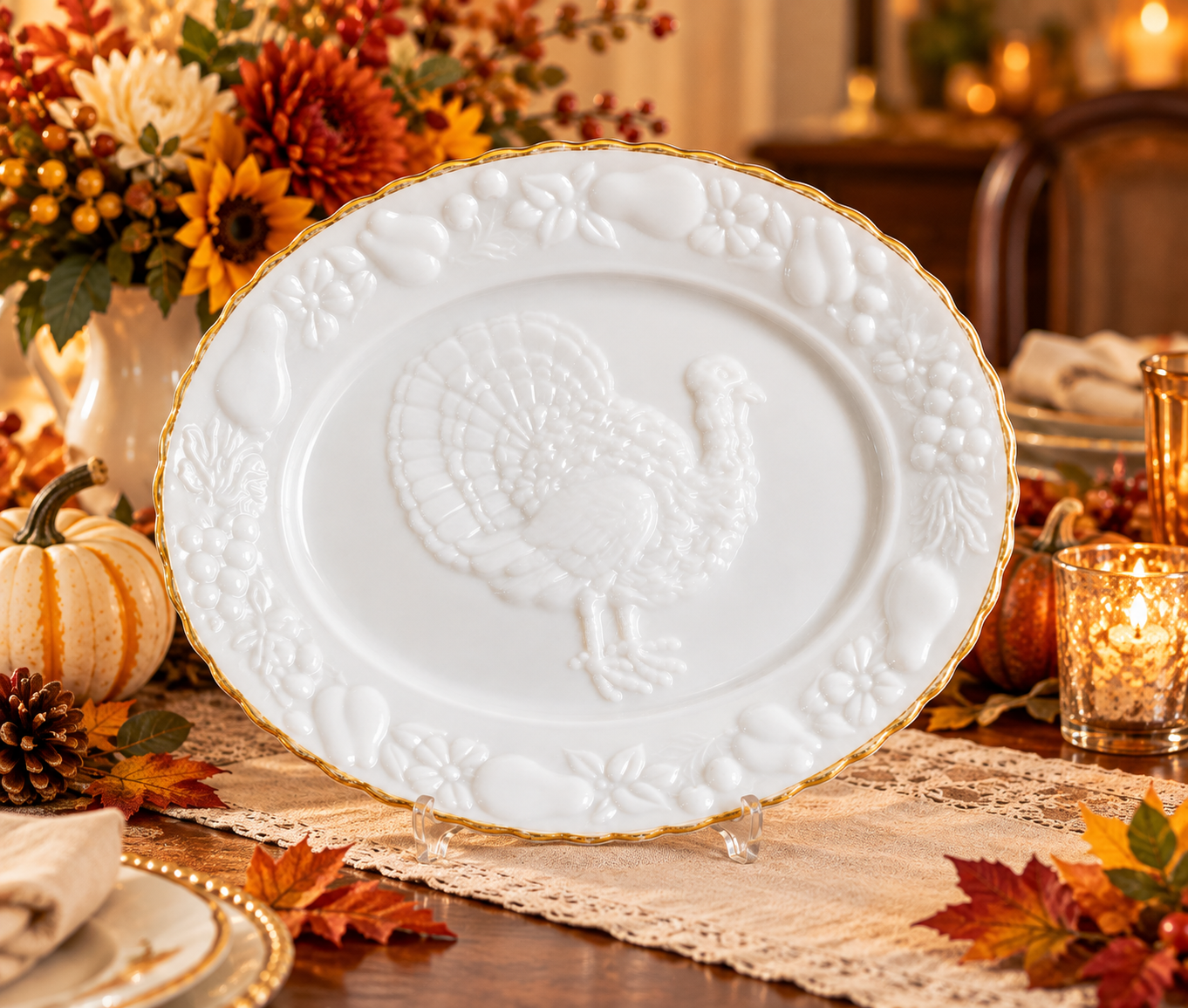 Vintage Anchor Hocking White Milk Glass Turkey Platter