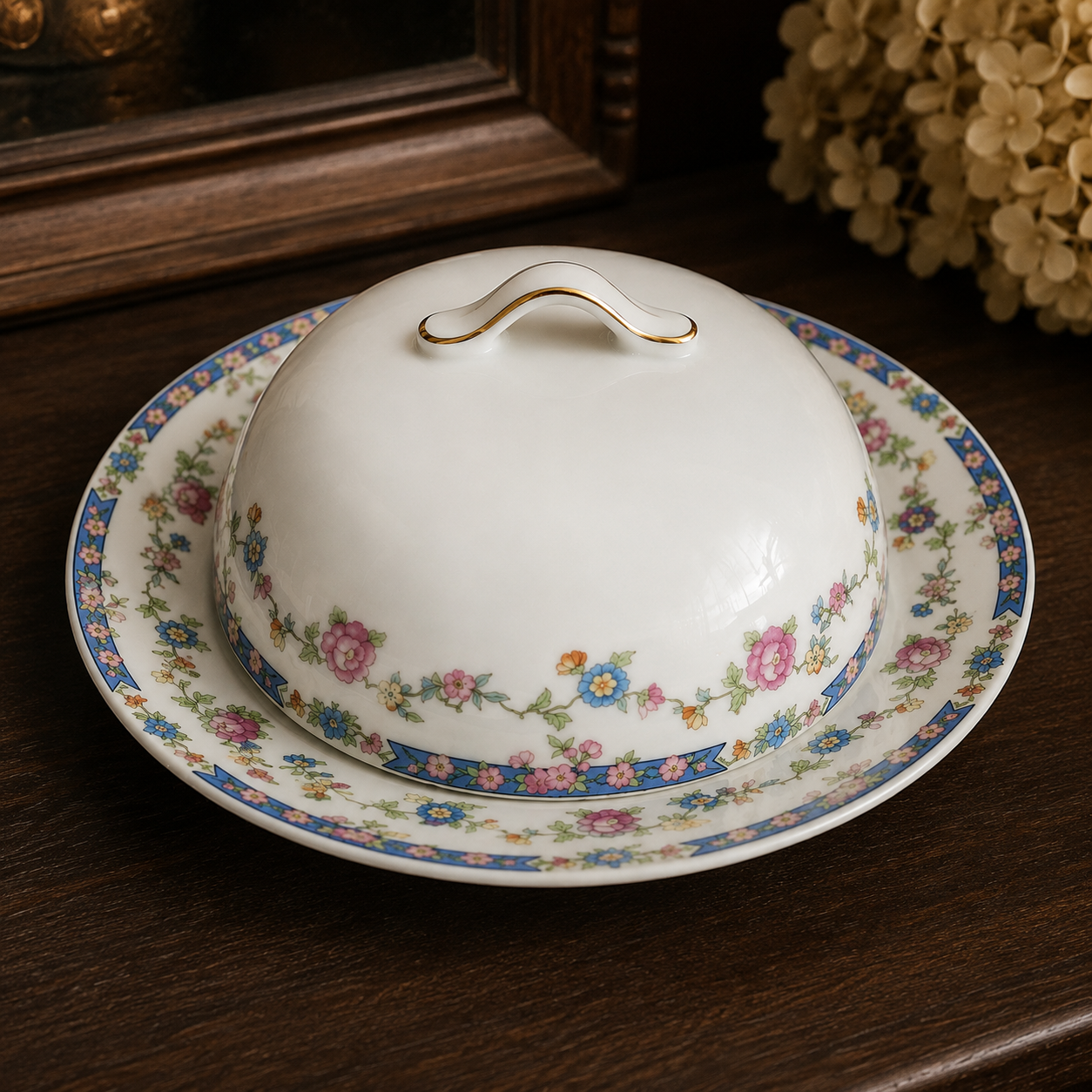 Vintage European Porcelain Butter Cheese Dish | Floral Blue & Pink Pattern