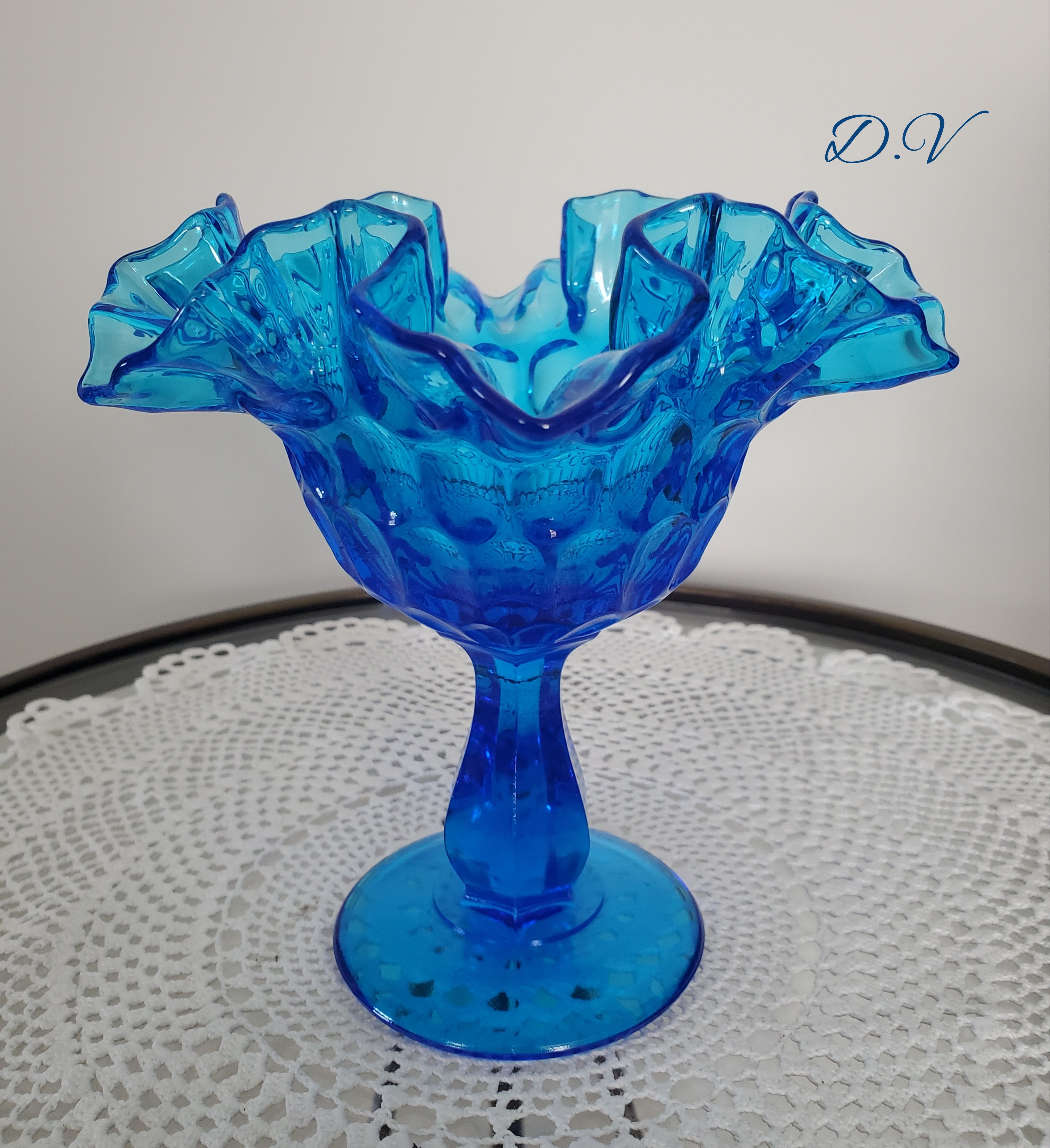 Vintage Fenton Ruffled Thumbprint Compote-Colonial Blue