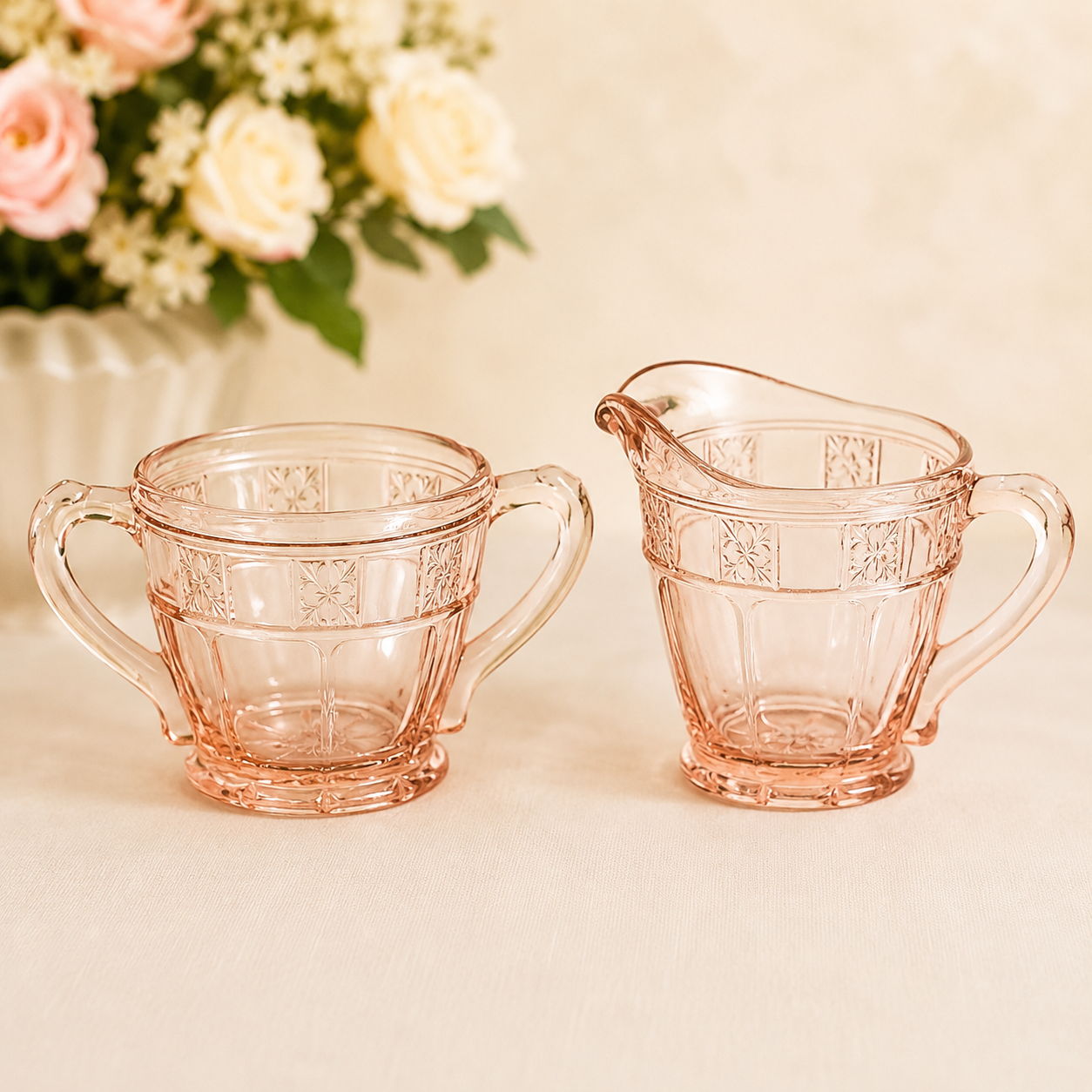 Vintage Jeannette Glass Pink Doric Creamer & Open Sugar Bowl | Depression Glass