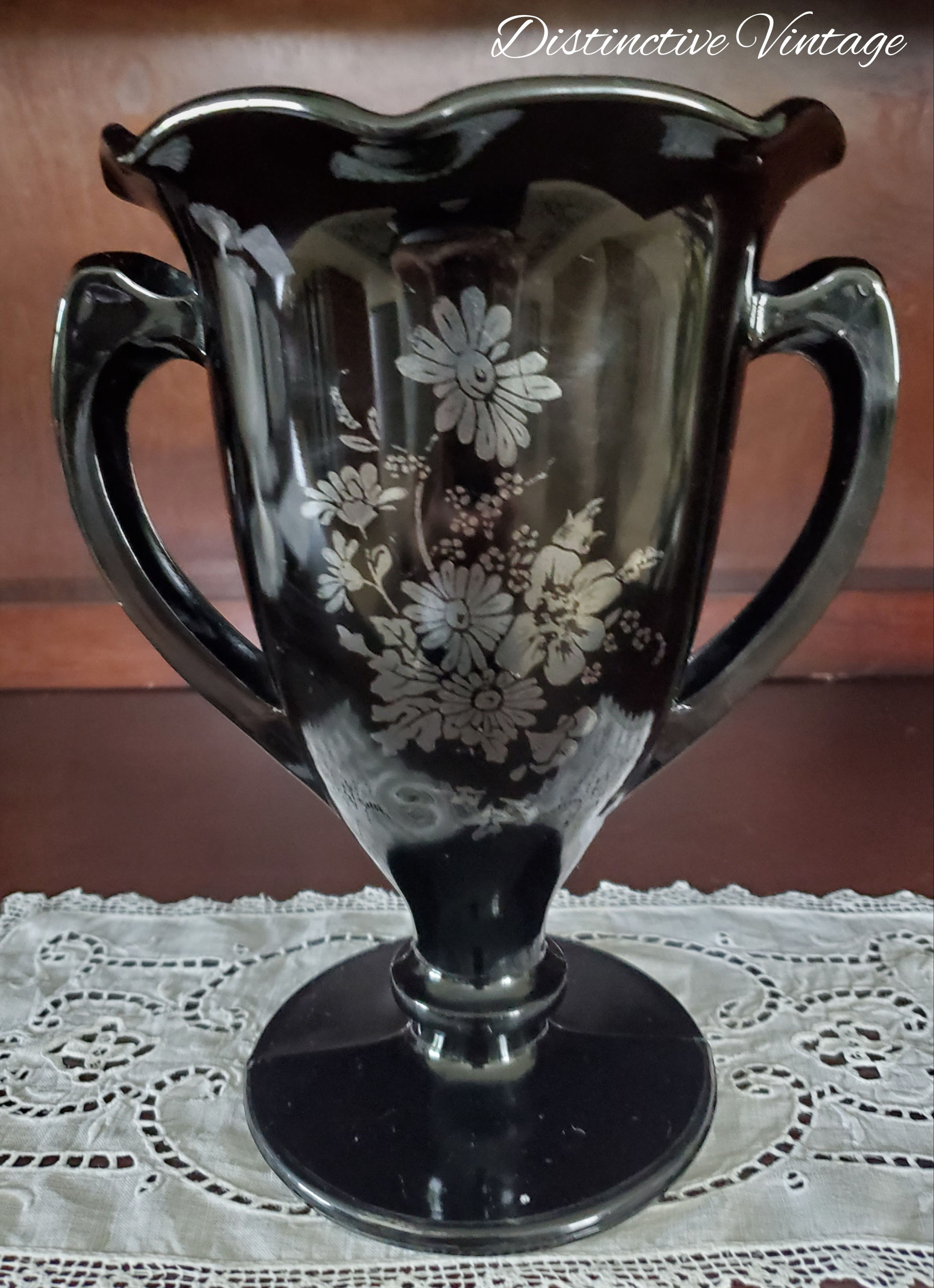 Vintage L.E. Smith Art Deco Black Glass Loving Cup w/Silver Flowers