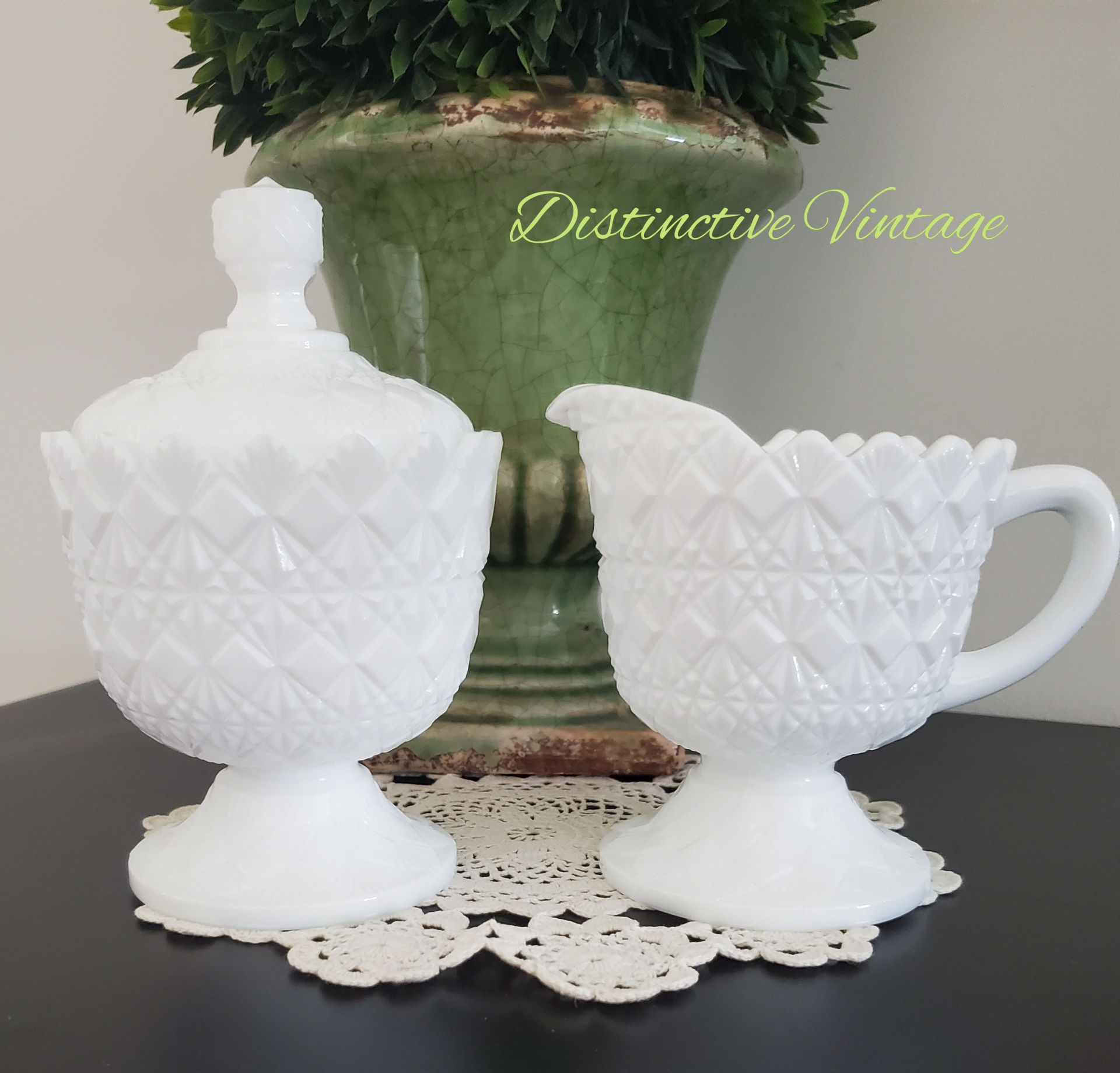 Vintage Indiana Glass Diamond Pattern Milk Glass Footed Creamer & Sugar with Lid