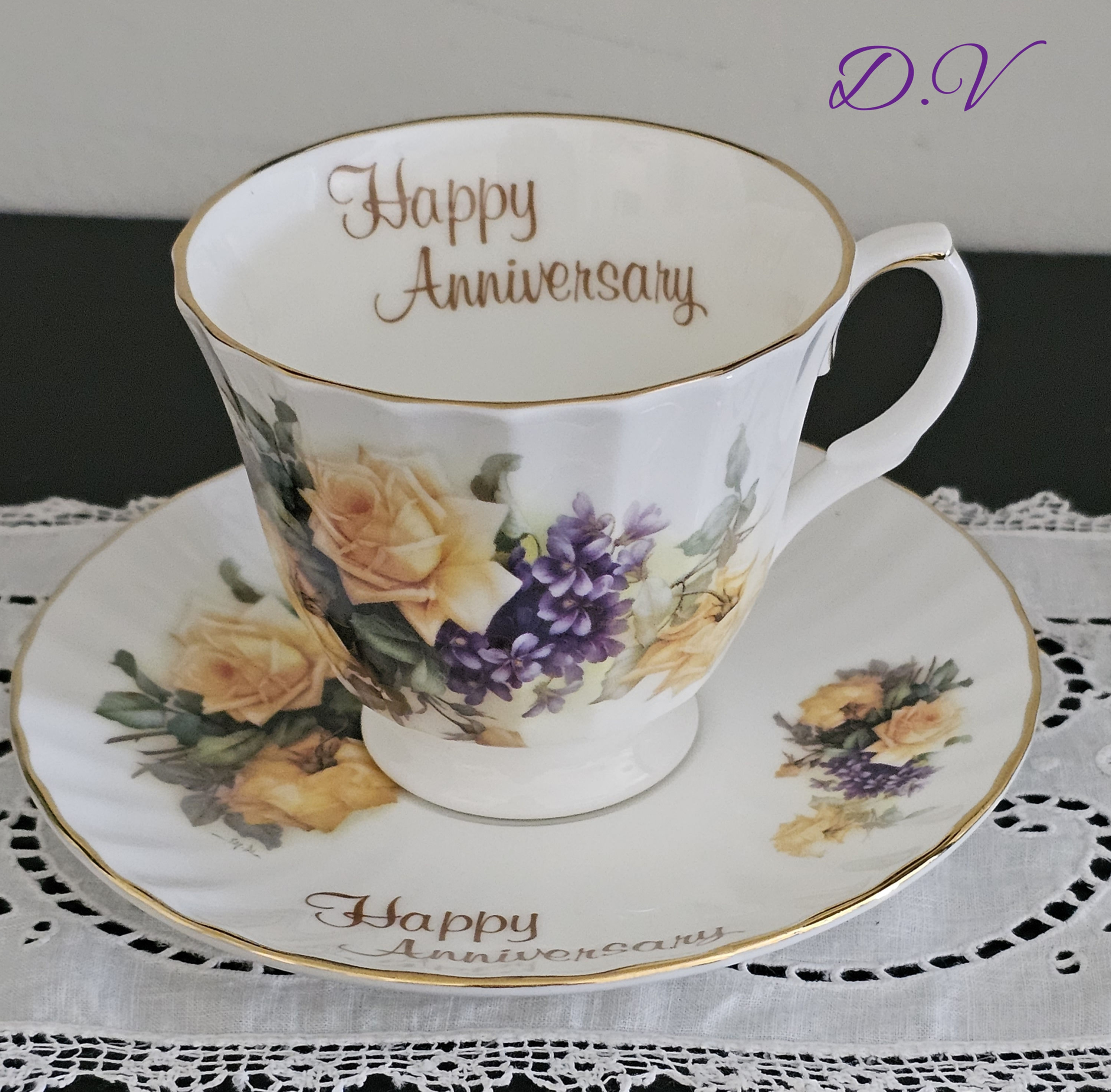 Vintage Royal Patrician Made in England "Happy Anniversary" Teacup and Saucer Se