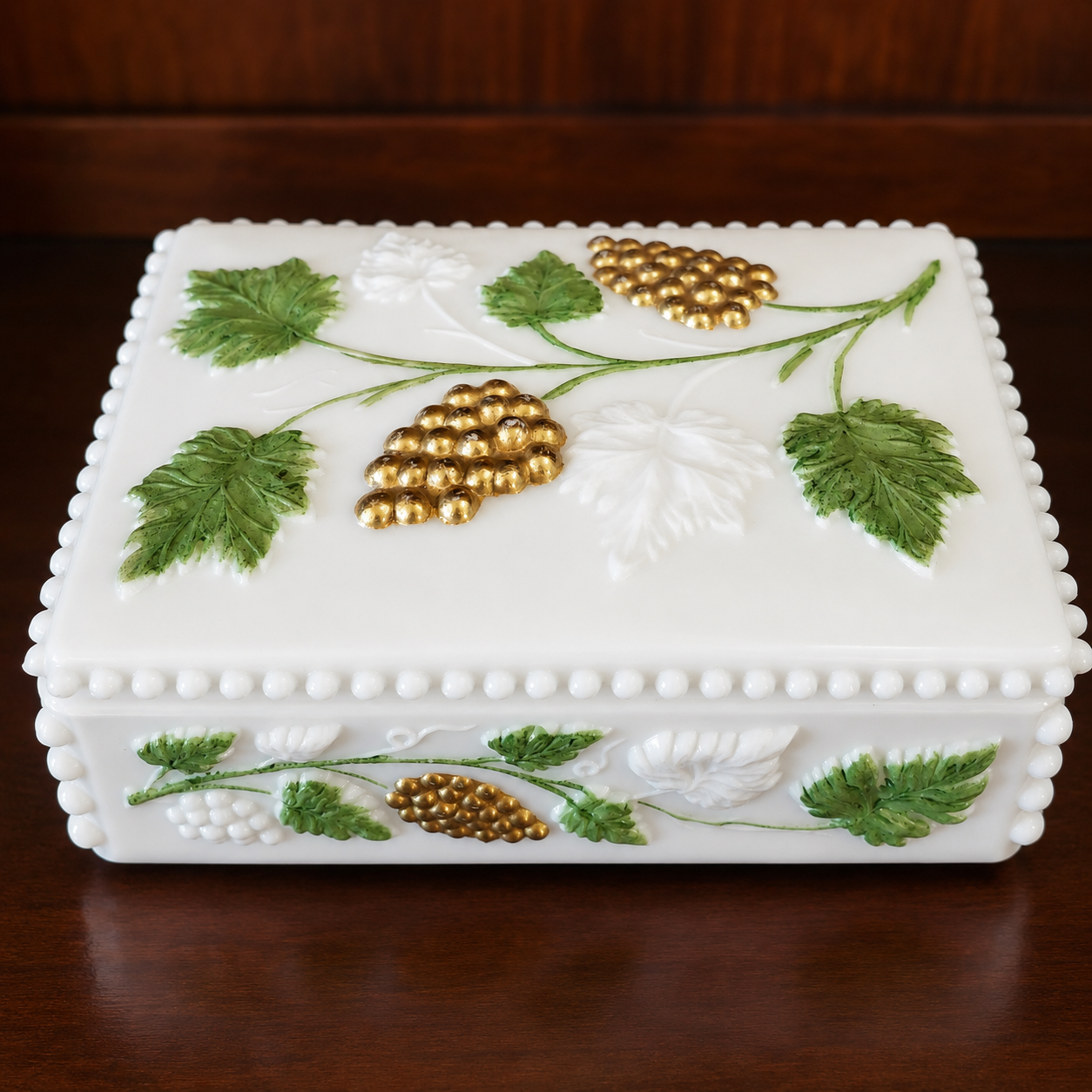 Vintage Westmoreland Milk Glass Hand Painted Trinket Box with Gold Grapes and Gr